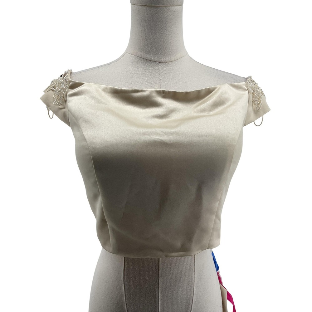 Morilee‎ Blouse Womens 6 White Cropped Off Shoulder Beaded Rhinestone Satin
